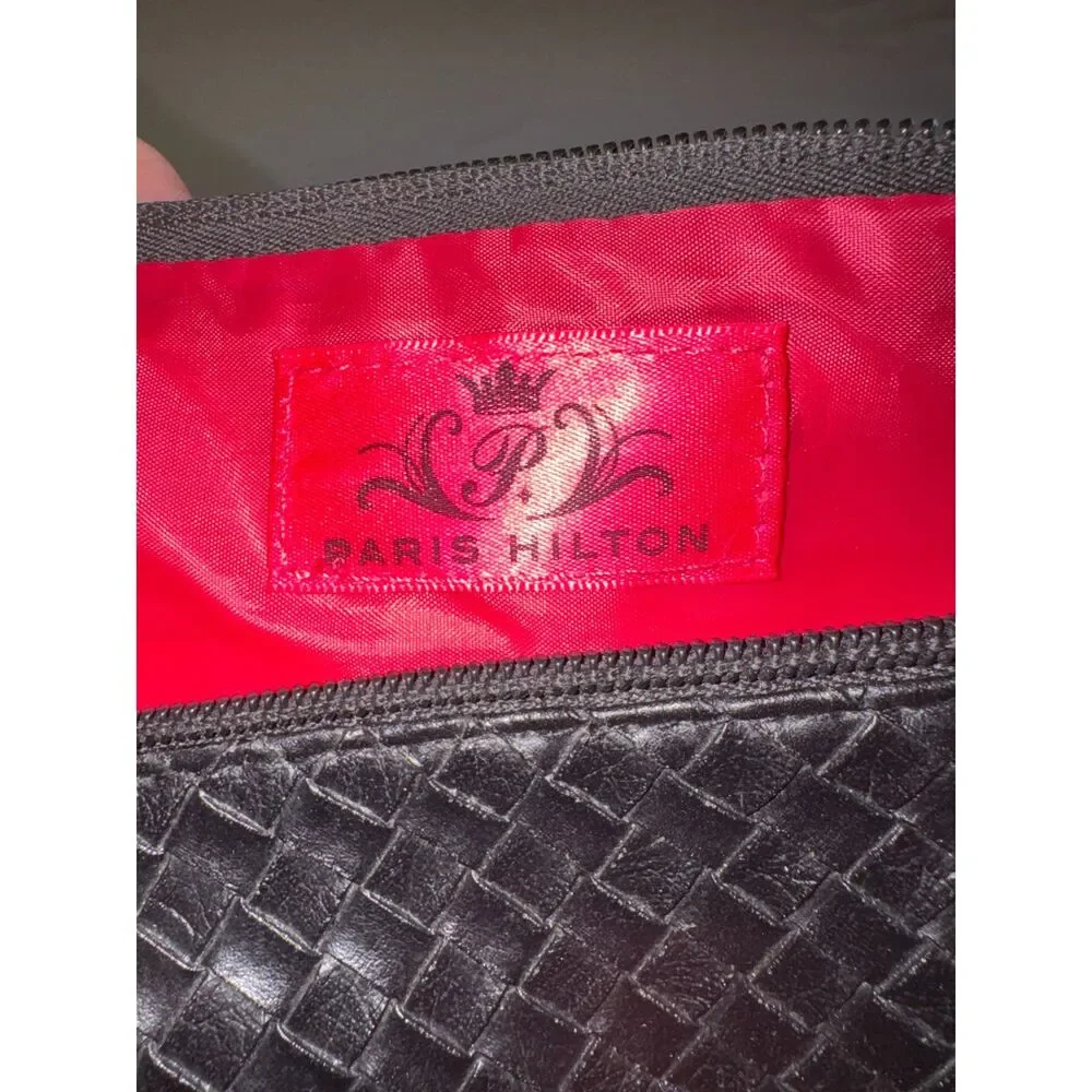 Paris Hilton Purse, Black woven faux leather, Pink interior, medium